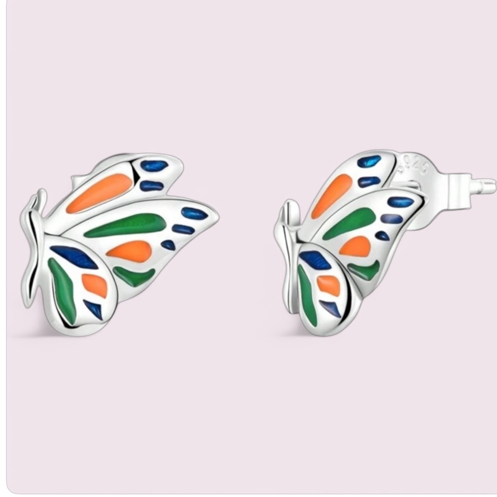 925 Sterling Silver Enamel Butterfly Stud Earrings